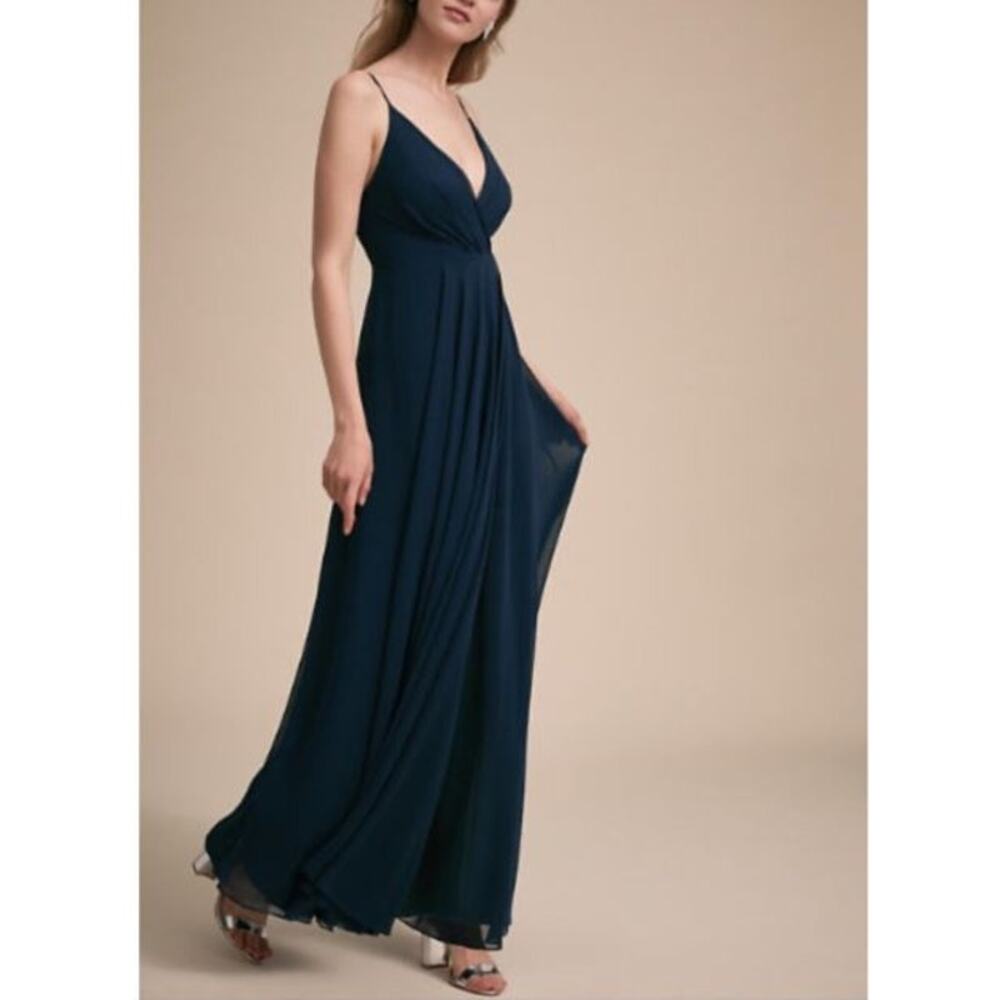 anthropologie blue bridesmaid dress | Dresses | Anthropologie Bhldn Eva Navy Strap Faux Wrap Chiffon Xs size--4 Color:Sunglow Mesh Sleeve Slinky Cut